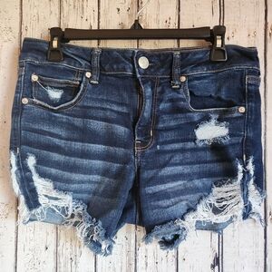 American Eagle Next Level Stretch Midi Shorts Distressed Dark Wash Size 12